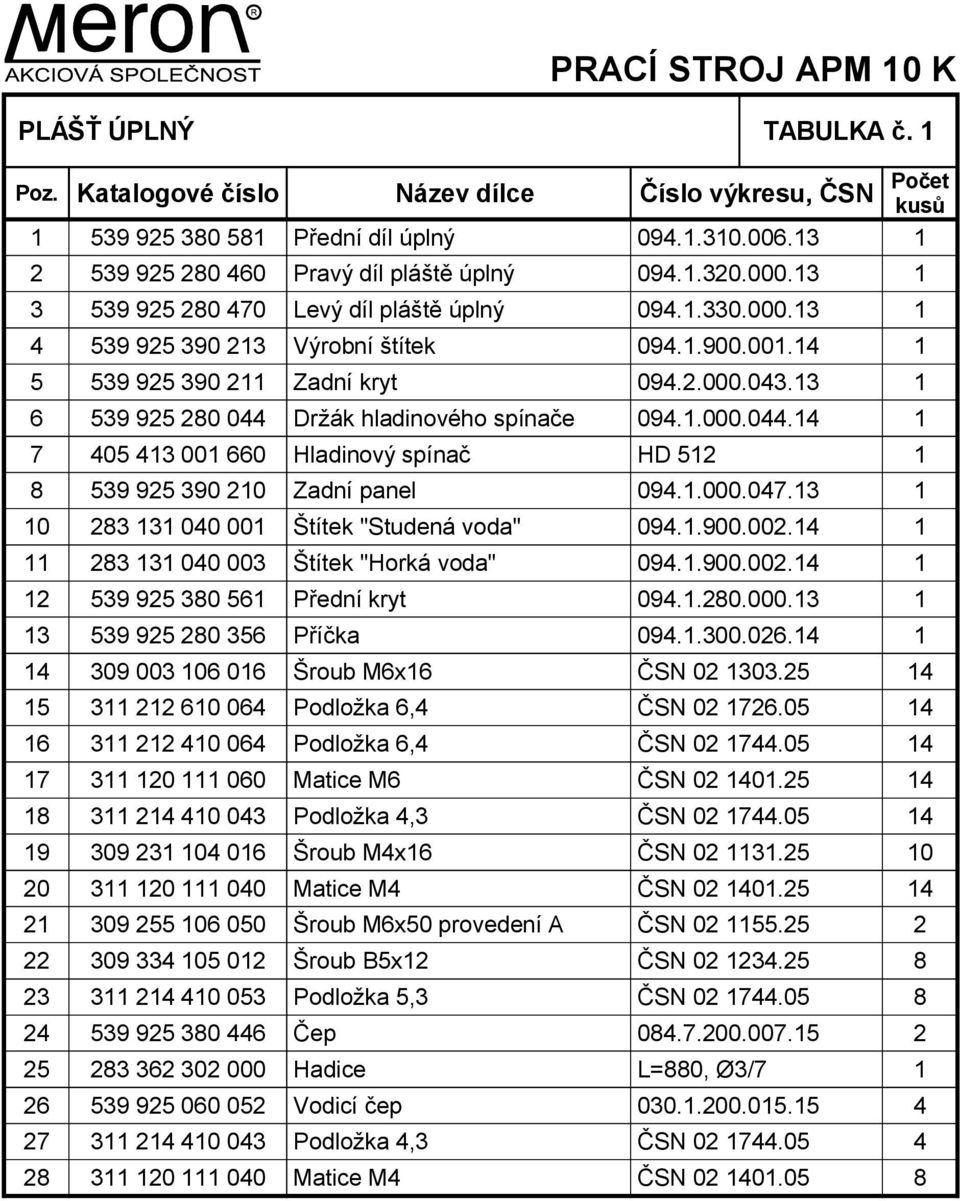 14 1 5 539 925 390 211 Zadní kryt 094.2.000.043.13 1 6 539 925 280 044 Držák hladinového spínače 094.1.000.044.14 1 7 405 413 001 660 Hladinový spínač HD 512 1 8 539 925 390 210 Zadní panel 094.1.000.047.