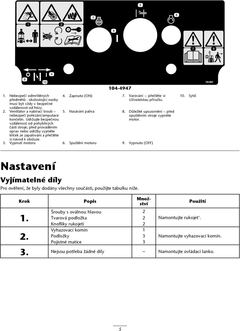 Varování přečtěte si Uživatelskou příručku. 5. Nasávání paliva 8. Důležité upozornění před opuštěním stroje vypněte motor. 3. Vypnutí motoru 6. Spuštění motoru 9. Vypnuto (OFF) 10.