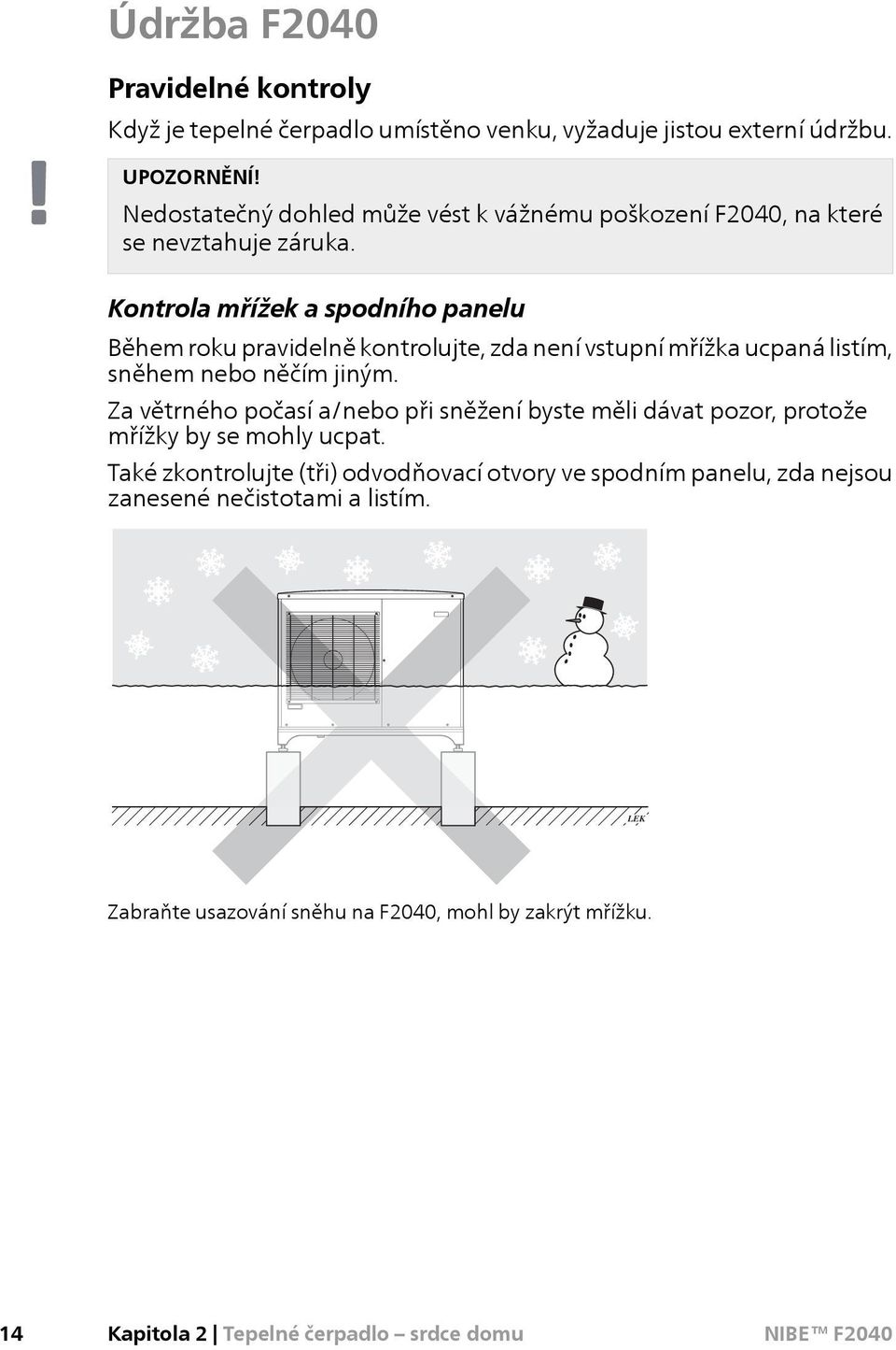 LEK Kontrola mřížek a spodního panelu Během roku pravidelně kontrolujte, zda není vstupní mřížka ucpaná listím, sněhem nebo něčím jiným.