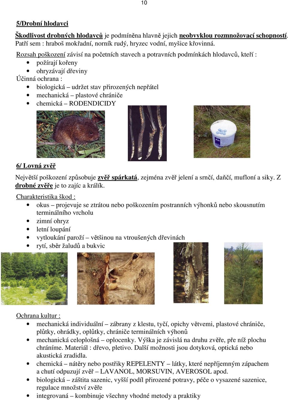 plastové chrániče chemická RODENDICIDY 6/ Lovná zvěř Největší poškození způsobuje zvěř spárkatá, zejména zvěř jelení a srnčí, daňčí, mufloní a siky. Z drobné zvěře je to zajíc a králík.