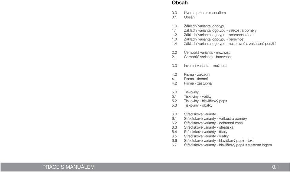 0 Inverzní varianta - možnosti 4.0 Písma - základní 4.1 Písma - firemní 4.2 Písma - zástupná 5.0 Tiskoviny 5.1 Tiskoviny - vizitky 5.2 Tiskoviny - hlavičkový papír 5.3 Tiskoviny - obálky 6.