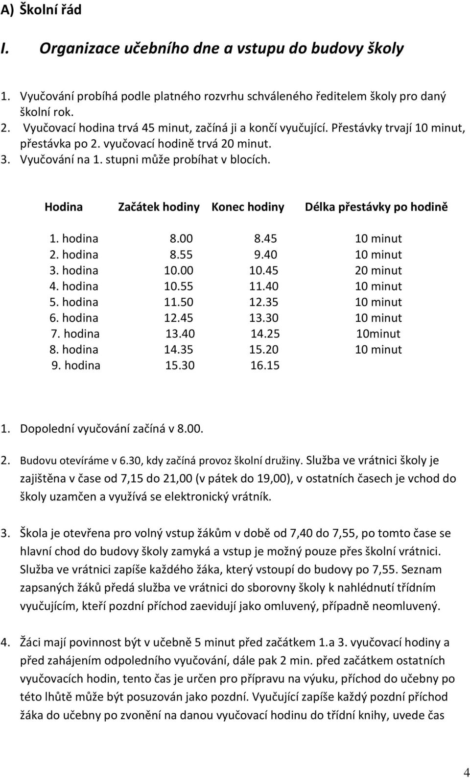 Hodina Začátek hodiny Konec hodiny Délka přestávky po hodině 1. hodina 8.00 8.45 10 minut 2. hodina 8.55 9.40 10 minut 3. hodina 10.00 10.45 20 minut 4. hodina 10.55 11.40 10 minut 5. hodina 11.50 12.