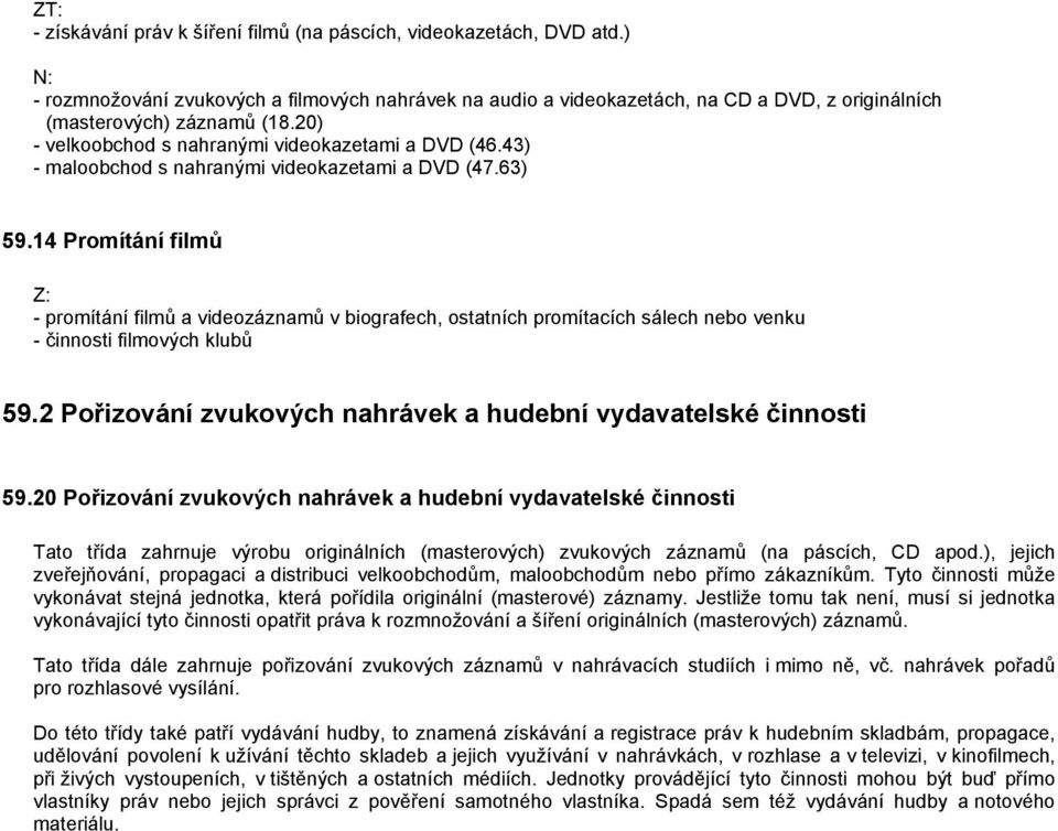 14 Promítání filmů - promítání filmů a videozáznamů v biografech, ostatních promítacích sálech nebo venku - činnosti filmových klubů 59.