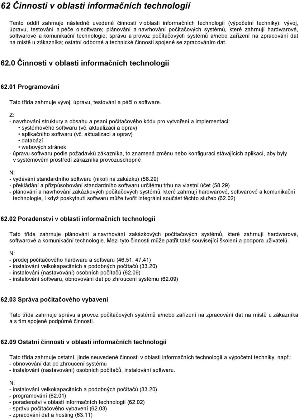 zákazníka; ostatní odborné a technické činnosti spojené se zpracováním dat. 62.0 Činnosti v oblasti informačních technologií 62.