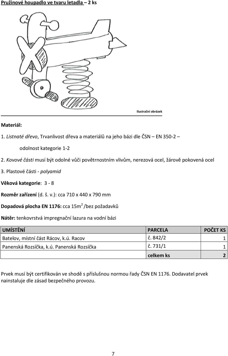 ): cca 710 x 440 x 790 mm Dopadová plocha EN 1176: cca 15m 2 /bez požadavků UMÍSTĚNÍ PARCELA POČET KS Batelov, místní část Rácov, k.ú.