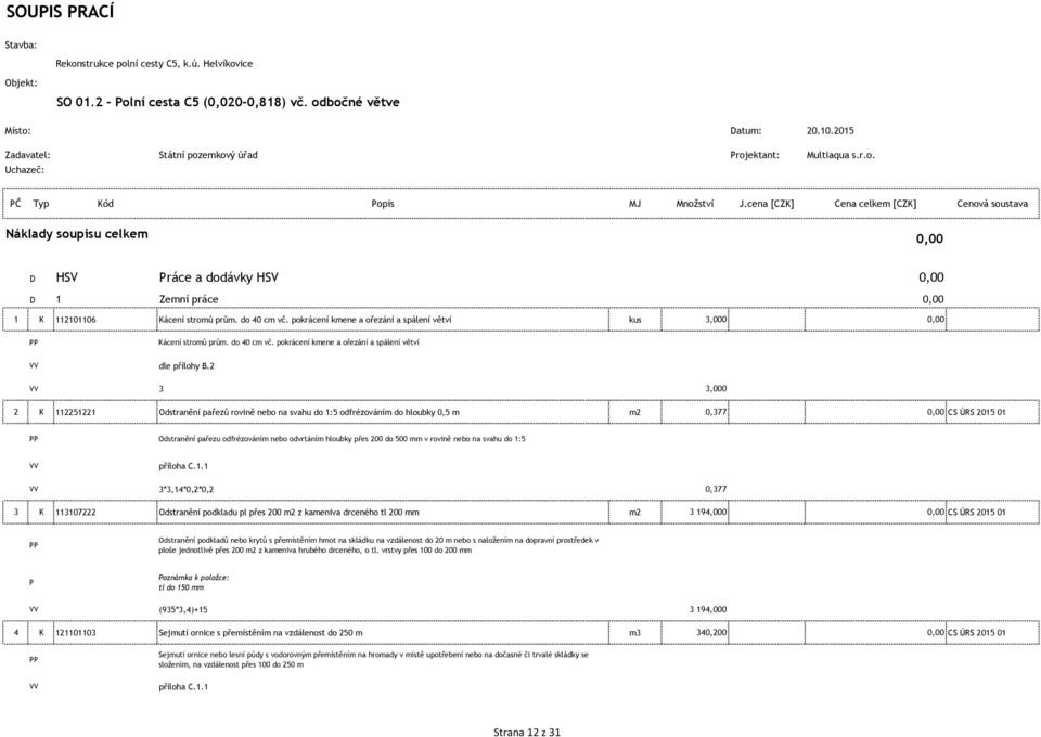 cena [CZK] Cena celkem [CZK] Cenová soustava Náklady soupisu celkem 0,00 D HSV Práce a dodávky HSV 0,00 D 1 Zemní práce 0,00 1 K 112101106 Kácení stromů prům. do 40 cm vč.