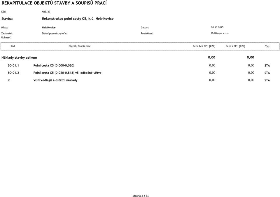 1 Polní cesta C5 (0,000-0,020) 0,00 0,00 STA SO 01.2 Polní cesta C5 (0,020-0,818) vč.