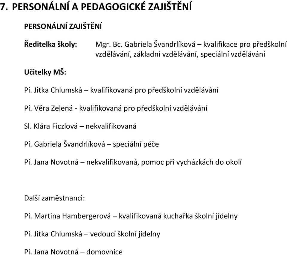 Jitka Chlumská kvalifikovaná pro předškolní vzdělávání Pí. Věra Zelená - kvalifikovaná pro předškolní vzdělávání Sl. Klára Ficzlová nekvalifikovaná Pí.