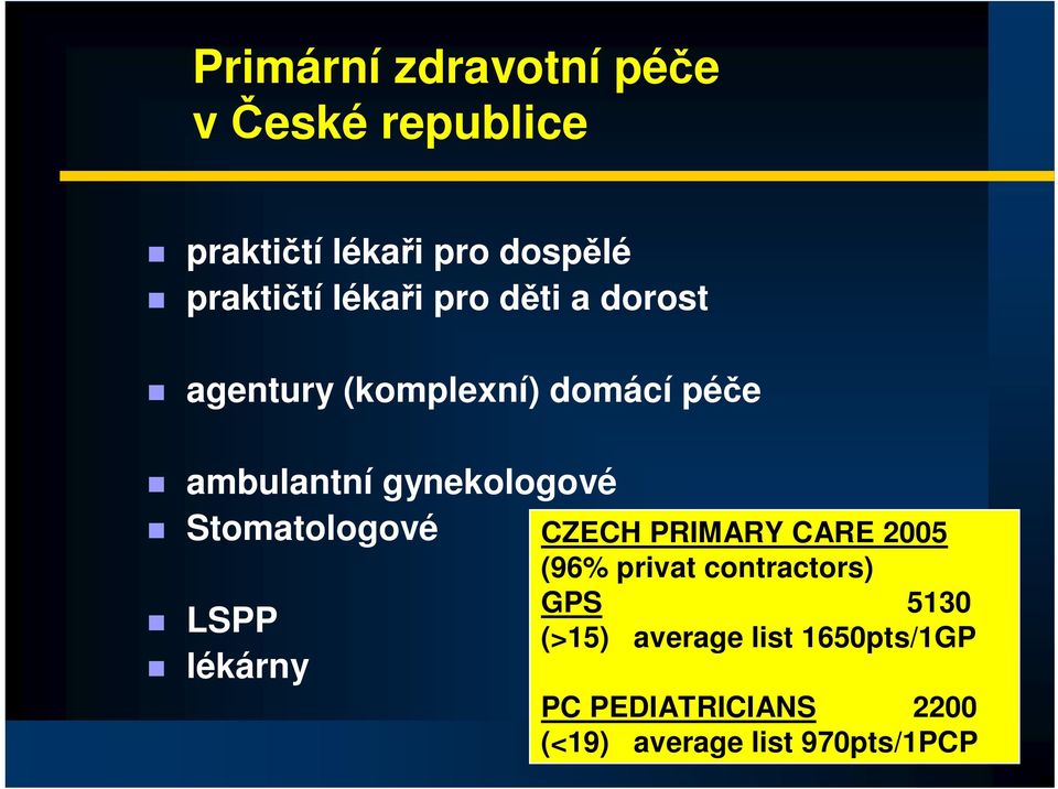 Stomatologové LSPP lékárny CZECH PRIMARY CARE 2005 (96% privat contractors) GPS