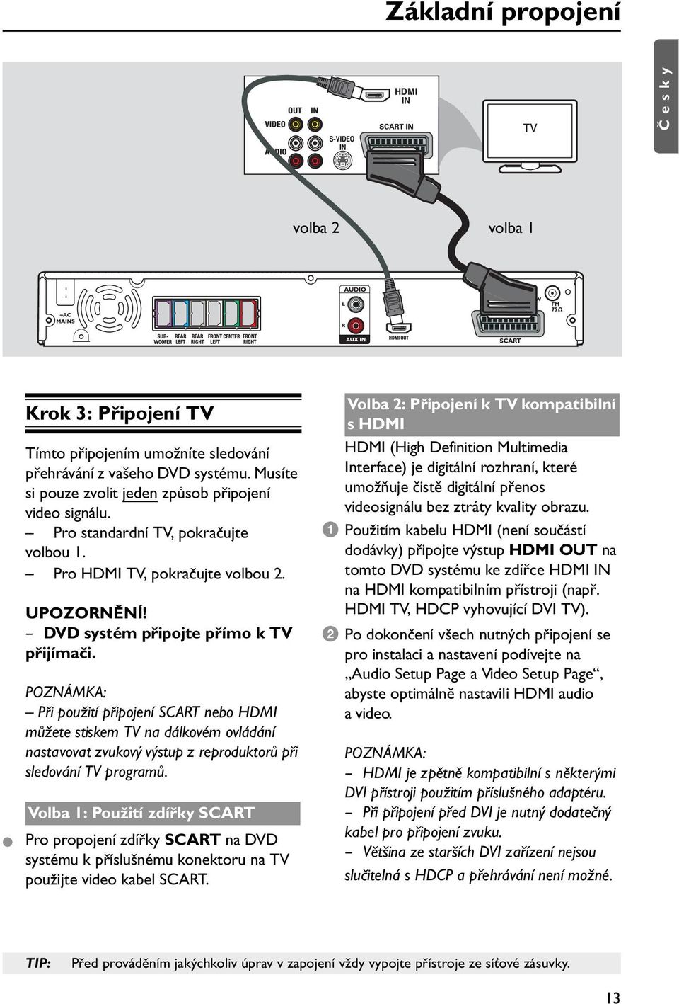 POZNÁMKA: Při použití připojení SCART nebo HDMI můžete stiskem TV na dálkovém ovládání nastavovat zvukový výstup z reproduktorů při sledování TV programů.