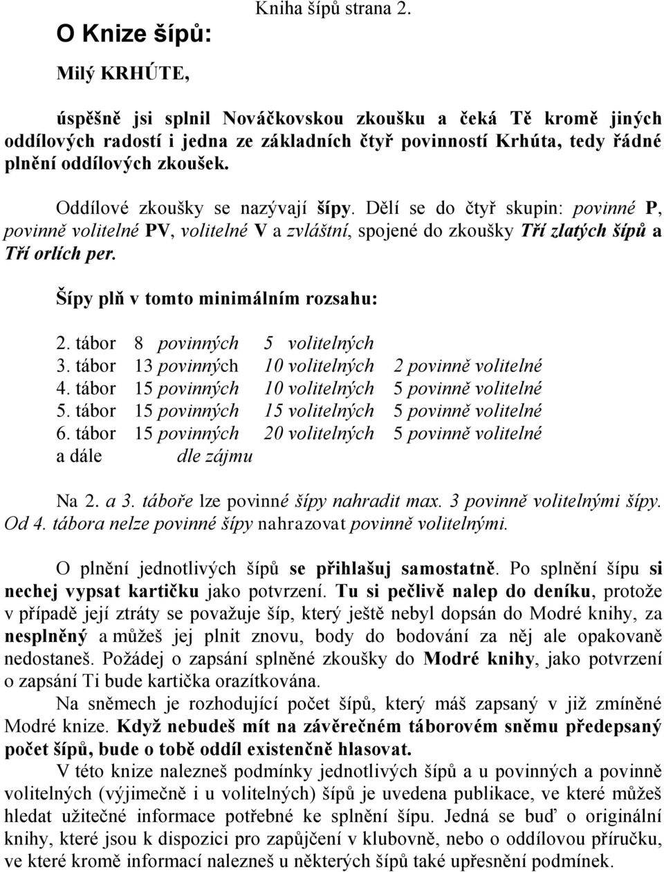 Dělí se do čtyř skupin: povinné P, povinně volitelné PV, volitelné V a zvláštní, spojené do zkoušky Tří zlatých šípů a Tří orlích per. Šípy plň v tomto minimálním rozsahu: 2.