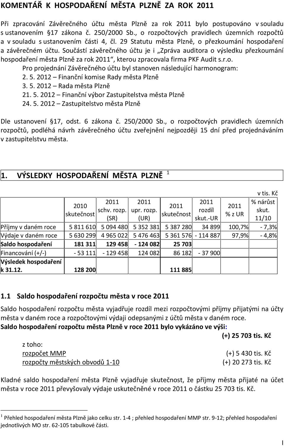 Součástí závěrečného účtu je i Zpráva auditora o výsledku přezkoumání hospodaření města Plzně za rok 2011, kterou zpracovala firma PKF Audit s.r.o. Pro projednání Závěrečného účtu byl stanoven následující harmonogram: 2.