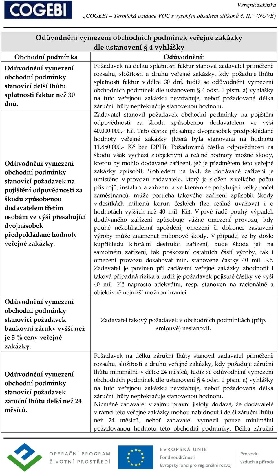 obchodní podmínky stanovící požadavek bankovní záruky vyšší než je 5 % ceny veřejné zakázky. obchodní podmínky stanovící požadavek záruční lhůtu delší než 24 měsíců.