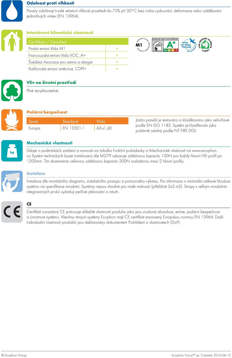 prostředí Plně recyklovatelné. Požární bezpečnost Země Standard Třída Evropa EN 13501-1 A2-s1,d0 Jádro panelů je testováno a klasifikováno jako nehořlavé podle EN ISO 1182.