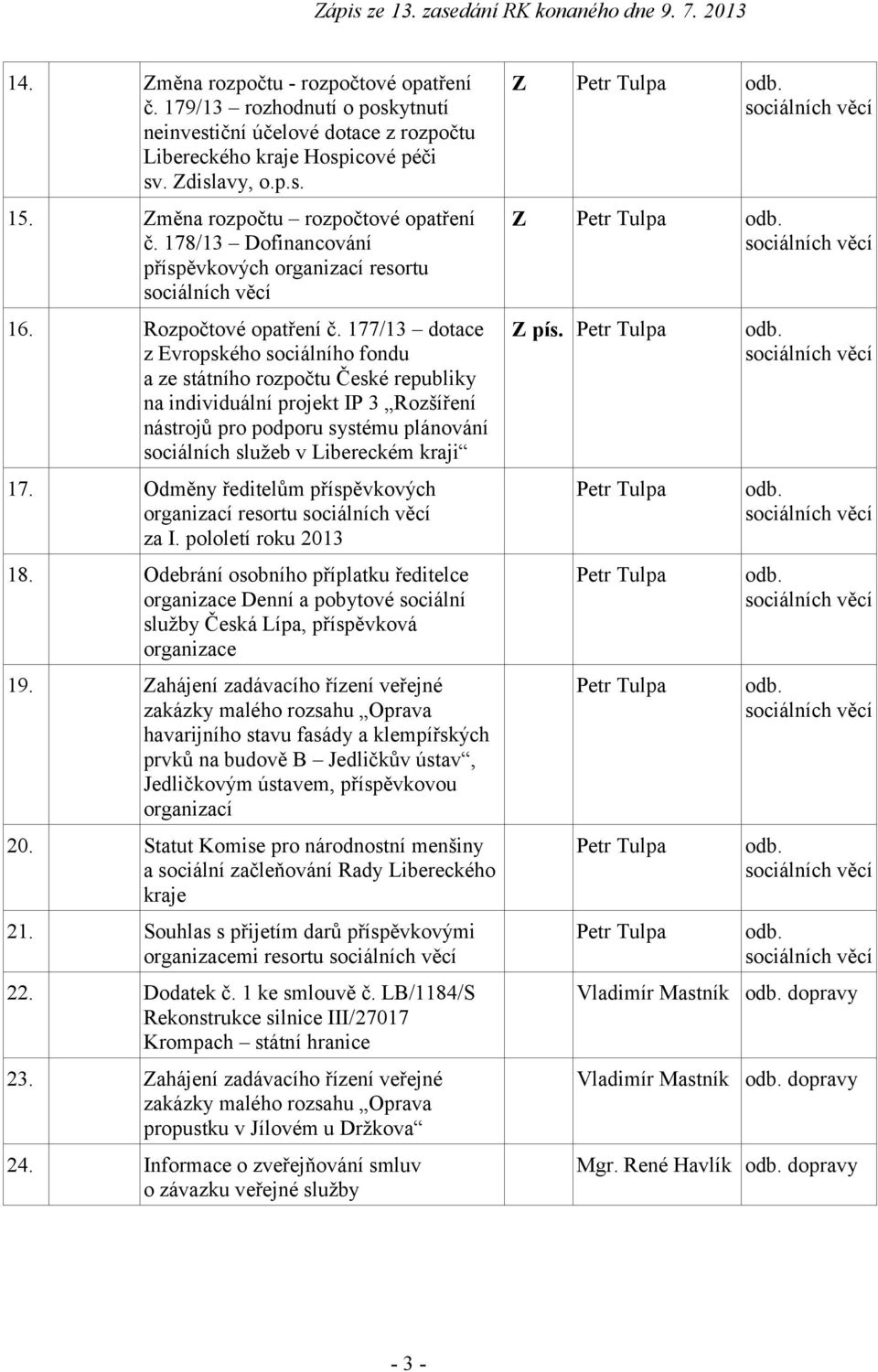 177/13 dotace z Evropského sociálního fondu a ze státního rozpočtu České republiky na individuální projekt IP 3 Rozšíření nástrojů pro podporu systému plánování sociálních služeb v Libereckém kraji