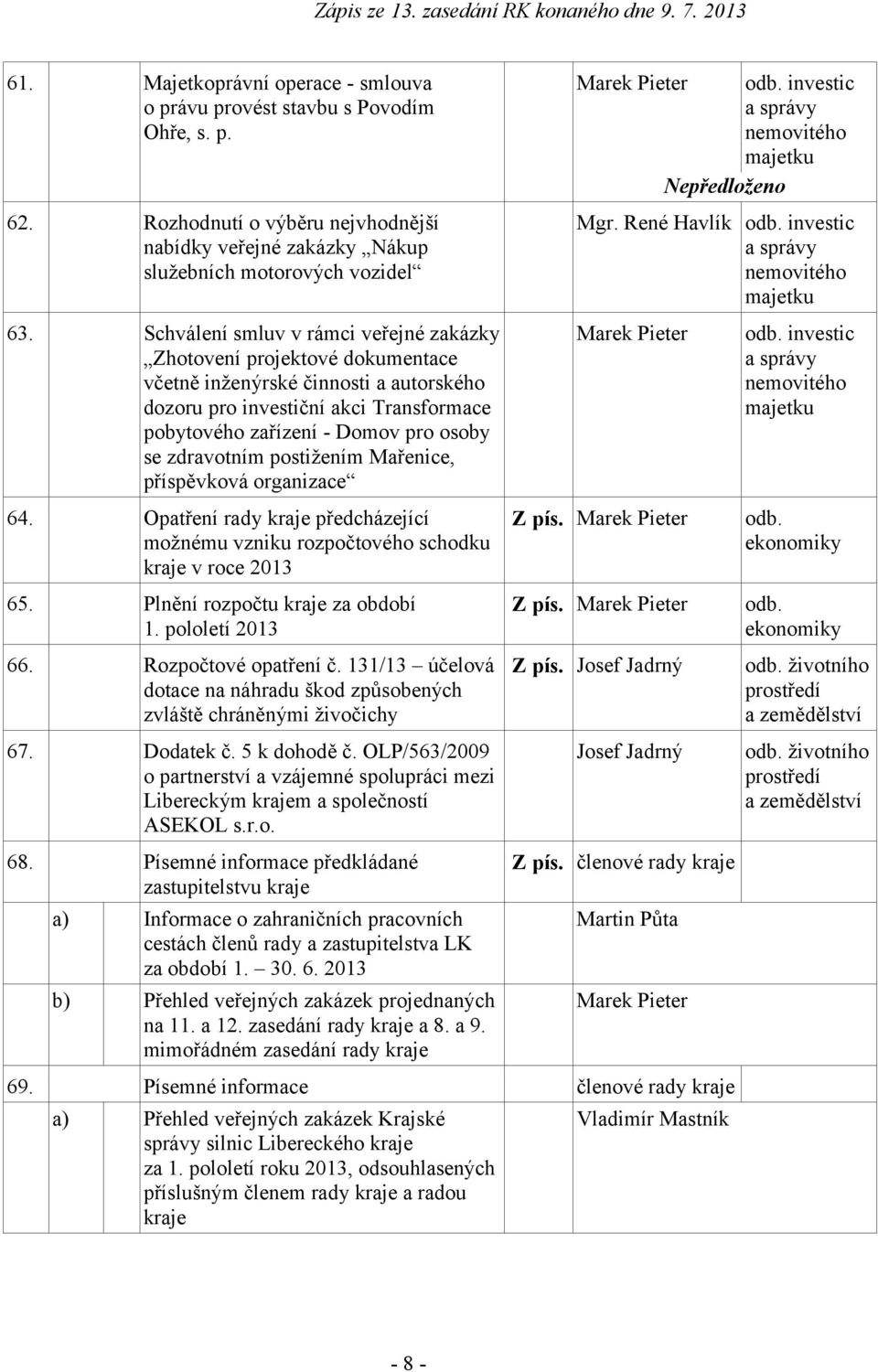 zdravotním postižením Mařenice, příspěvková organizace 64. Opatření rady kraje předcházející možnému vzniku rozpočtového schodku kraje v roce 2013 65. Plnění rozpočtu kraje za období 1.