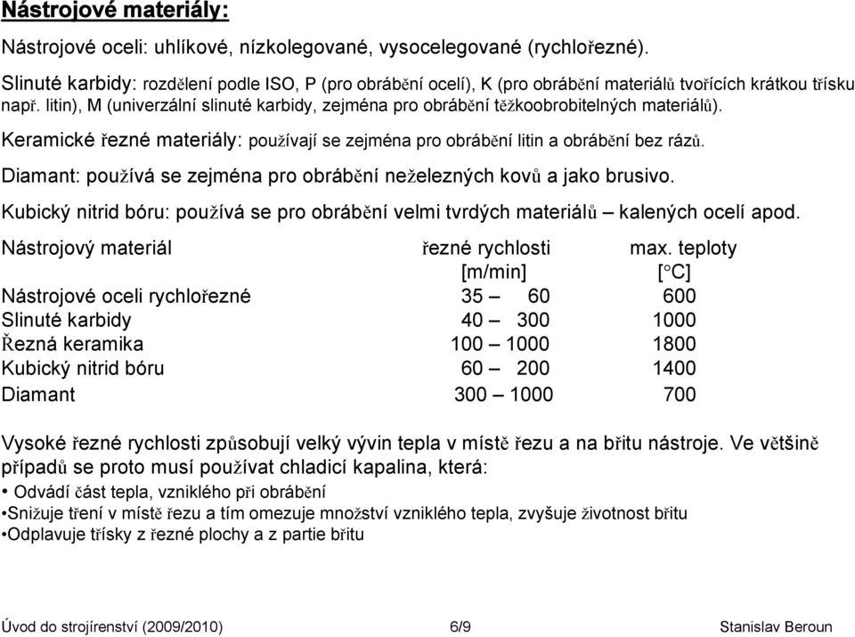 litin), M (univerzální slinuté karbidy, zejména pro obrábění těžkoobrobitelných materiálů). Keramické řezné materiály: používají se zejména pro obrábění litin a obrábění bez rázů.