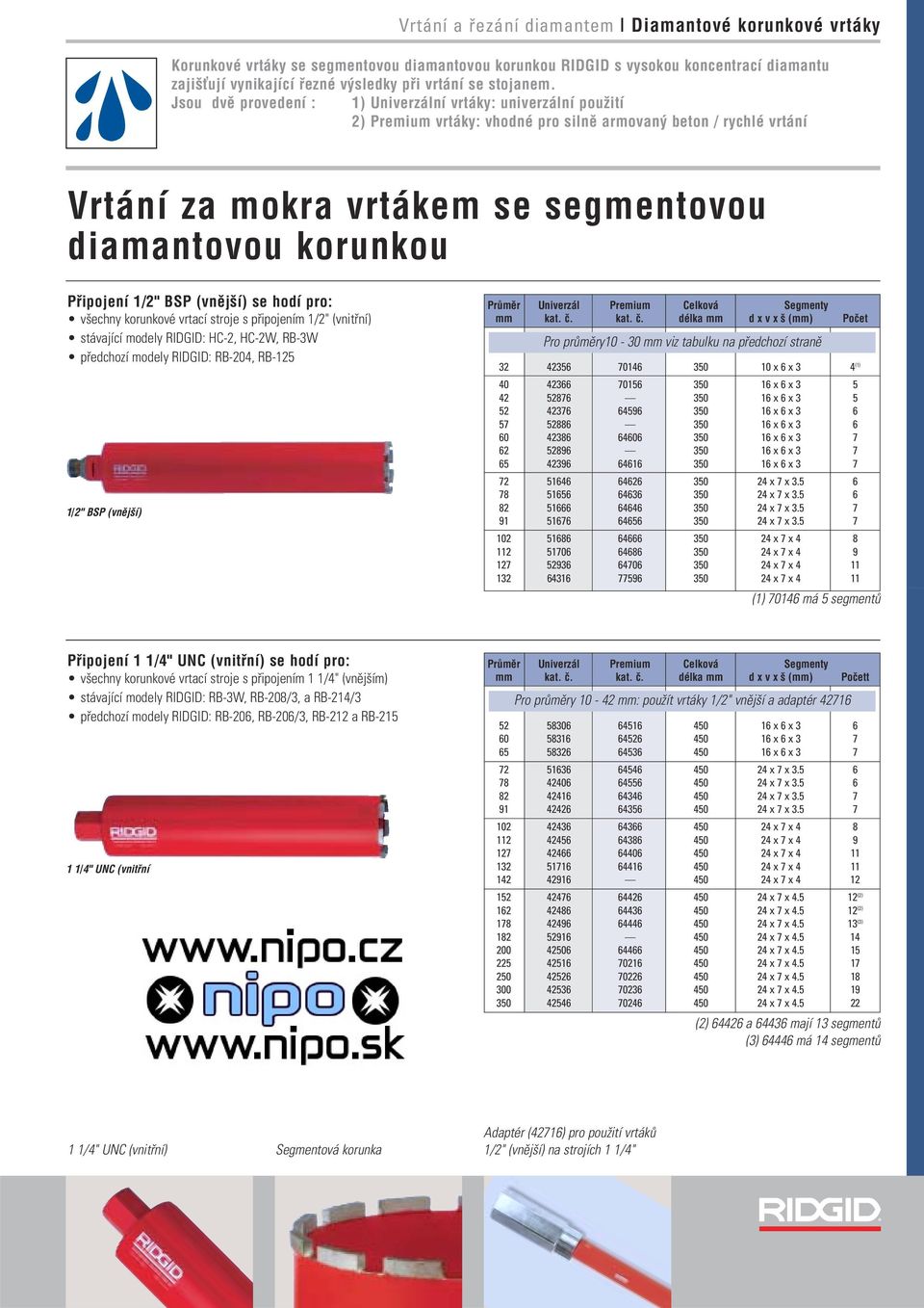 Jsou dvï provedenì : 1) Univerz lnì vrt ky: univerz lnì pouûitì 2) Premium vrt ky: vhodnè pro silnï armovan beton / rychlè vrt nì Vrt nì za mokra vrt kem se segmentovou diamantovou korunkou P ipojenì