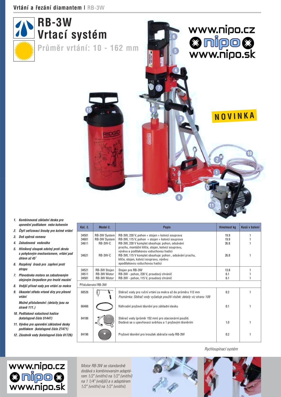 RozpÏrn öroub pro zap enì proti stropu 7. P evodovka motoru se zabudovan m olejov m Ëerpadlem pro trvalè maz nì 8. VnÏjöÌ p Ìvod vody pro vrt nì za mokra 9.