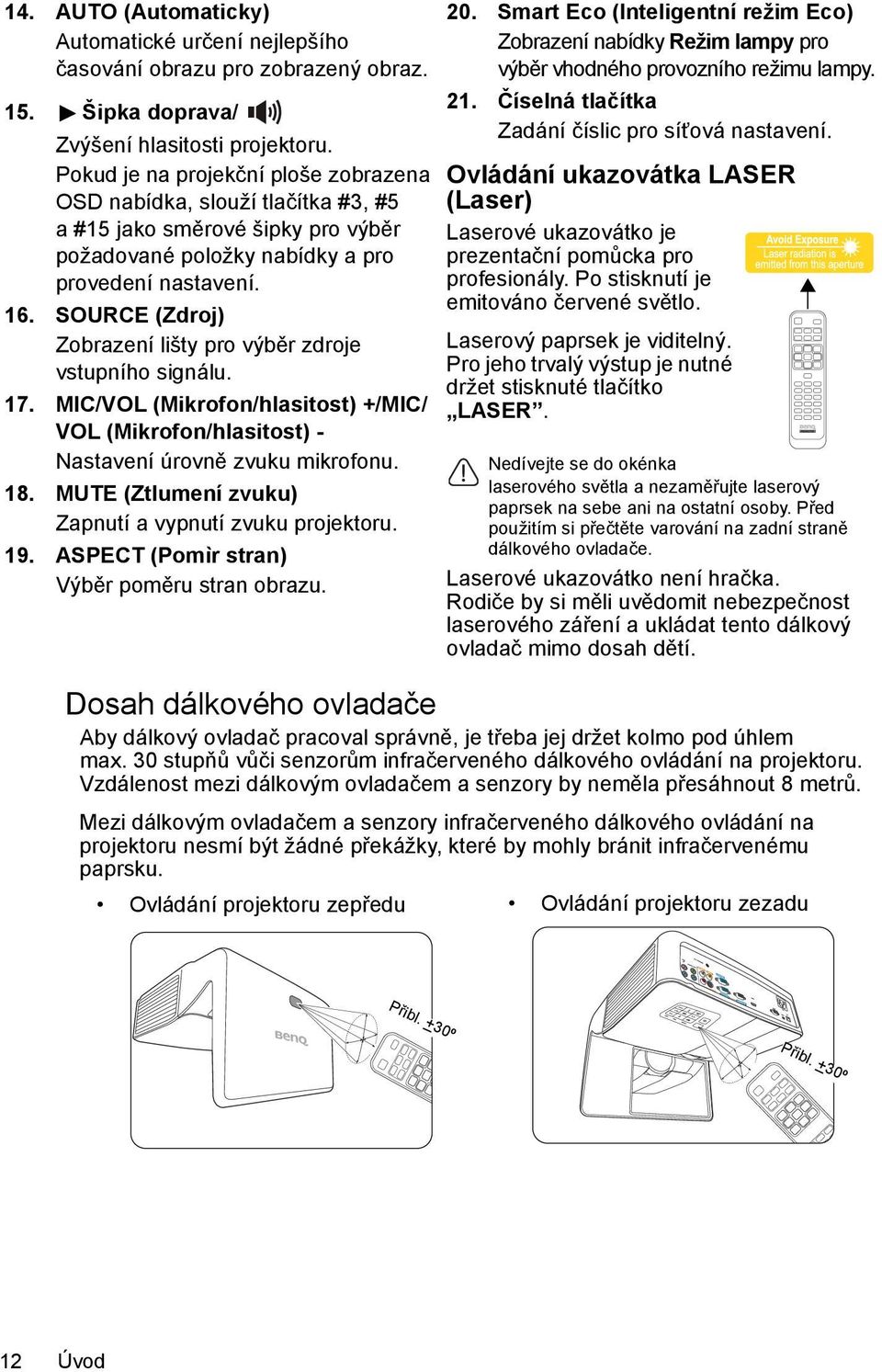 SOURCE (Zdroj) Zobrazení lišty pro výběr zdroje vstupního signálu. 17. MIC/VOL (Mikrofon/hlasitost) +/MIC/ VOL (Mikrofon/hlasitost) - Nastavení úrovně zvuku mikrofonu. 18.