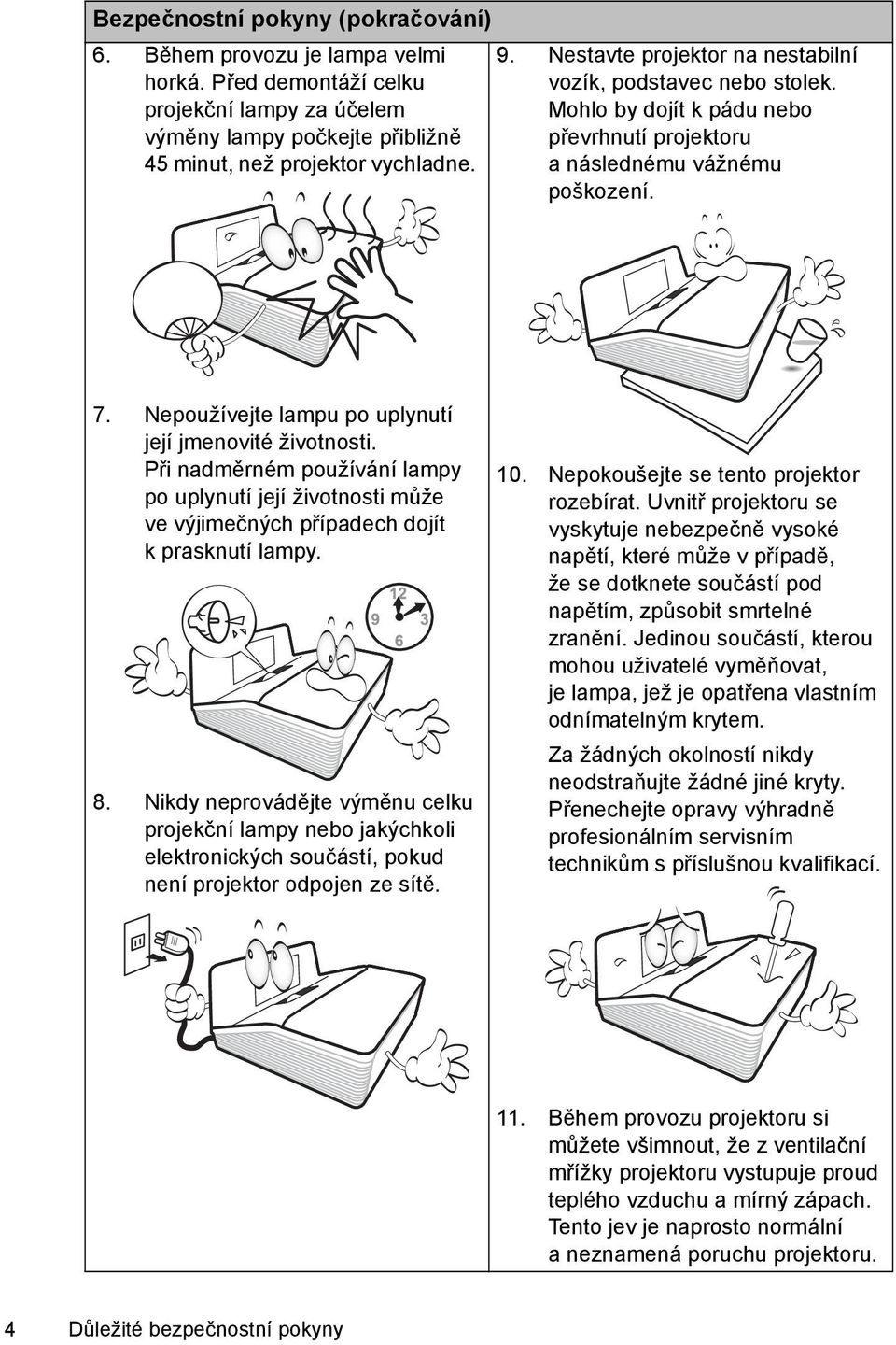 Nepoužívejte lampu po uplynutí její jmenovité životnosti. Při nadměrném používání lampy po uplynutí její životnosti může ve výjimečných případech dojít k prasknutí lampy. 8.