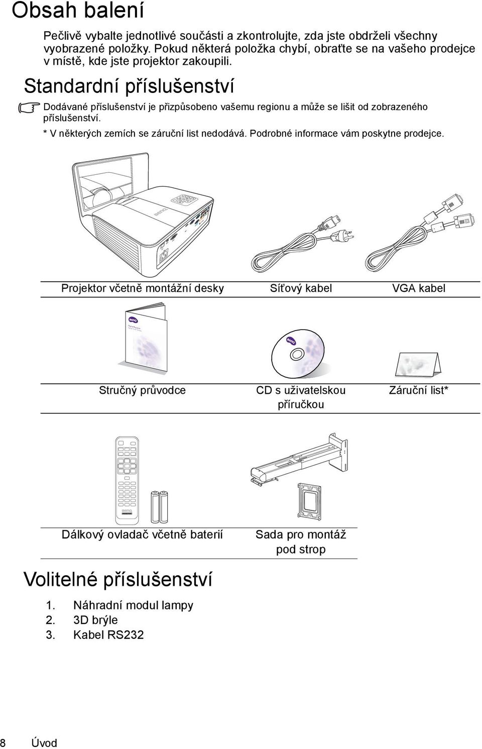 Standardní příslušenství Dodávané příslušenství je přizpůsobeno vašemu regionu a může se lišit od zobrazeného příslušenství. * V některých zemích se záruční list nedodává.