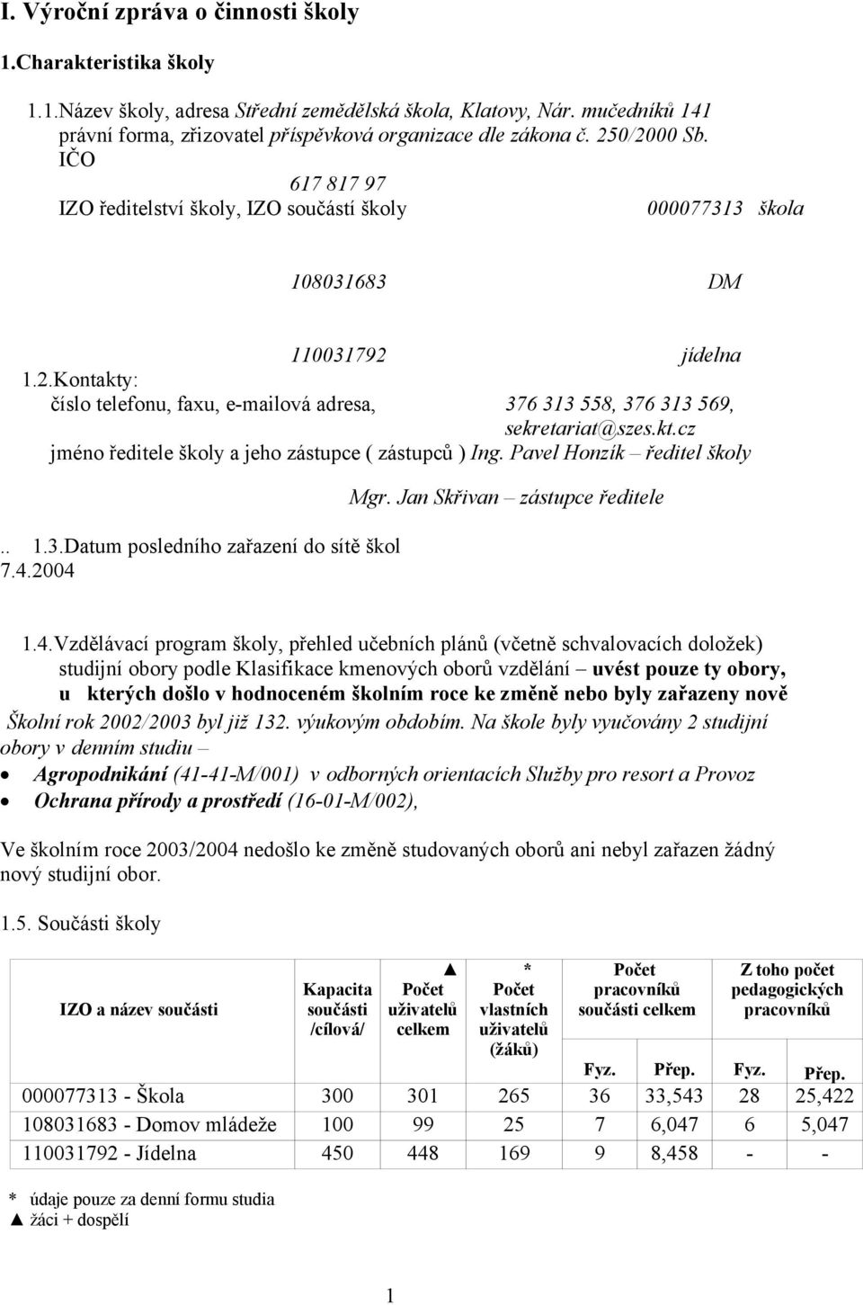 kt.cz jméno ředitele školy a jeho zástupce ( zástupců ) Ing. Pavel Honzík ředitel školy.. 1.3.Datum posledního zařazení do sítě škol 7.4.