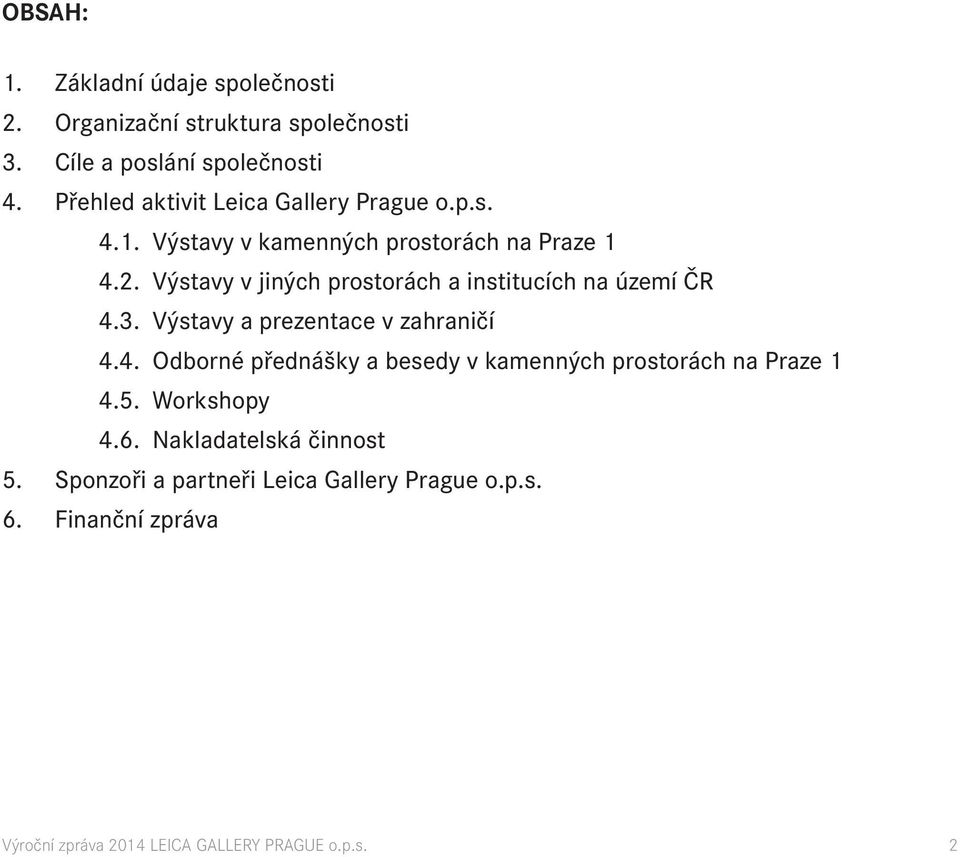 Výstavy v jiných prostorách a institucích na území ČR 4.3. Výstavy a prezentace v zahraničí 4.4. Odborné přednášky a besedy v kamenných prostorách na Praze 1 4.