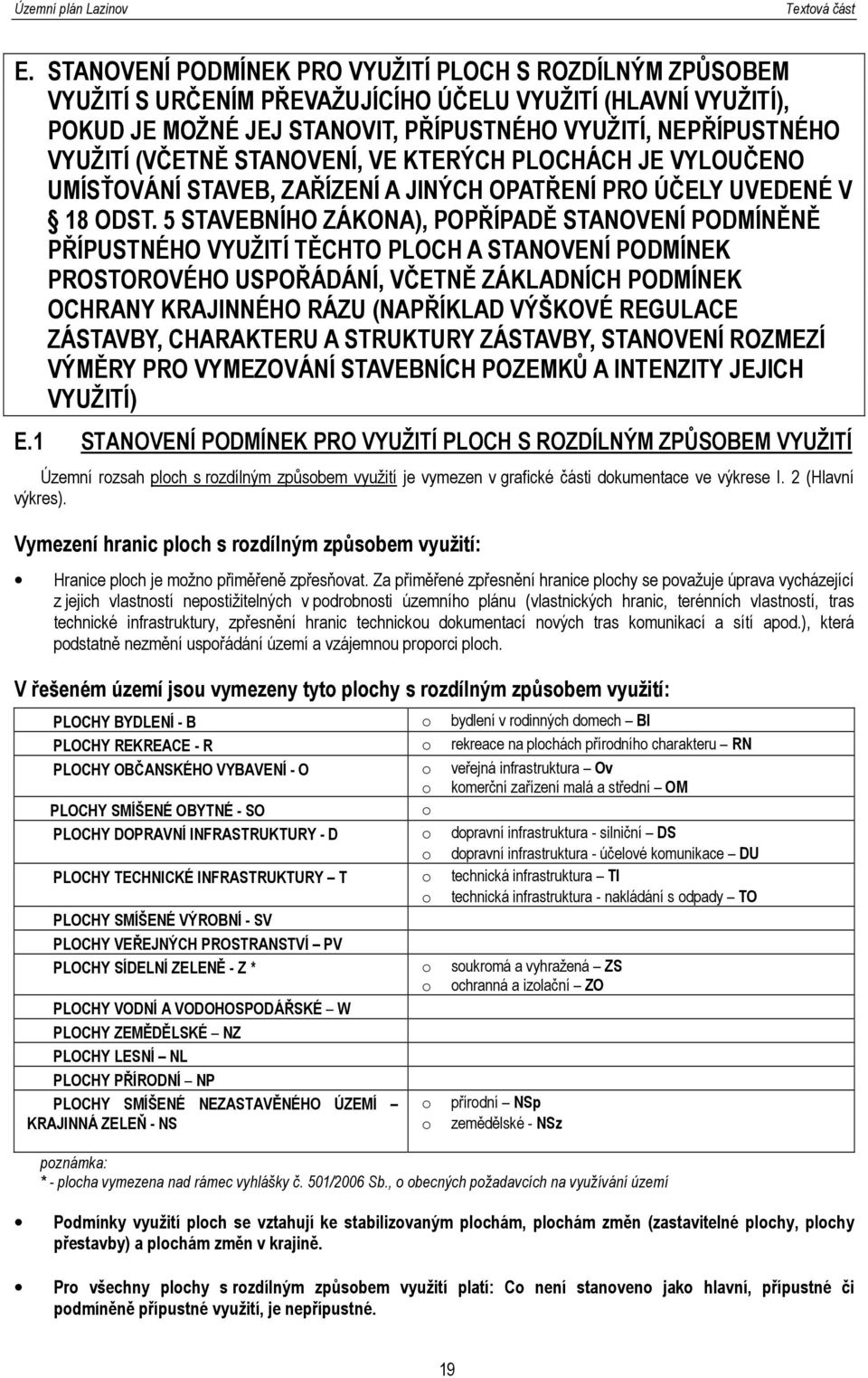 5 STAVEBNÍHO ZÁKONA), POPŘÍPADĚ STANOVENÍ PODMÍNĚNĚ PŘÍPUSTNÉHO VYUŽITÍ TĚCHTO PLOCH A STANOVENÍ PODMÍNEK PROSTOROVÉHO USPOŘÁDÁNÍ, VČETNĚ ZÁKLADNÍCH PODMÍNEK OCHRANY KRAJINNÉHO RÁZU (NAPŘÍKLAD