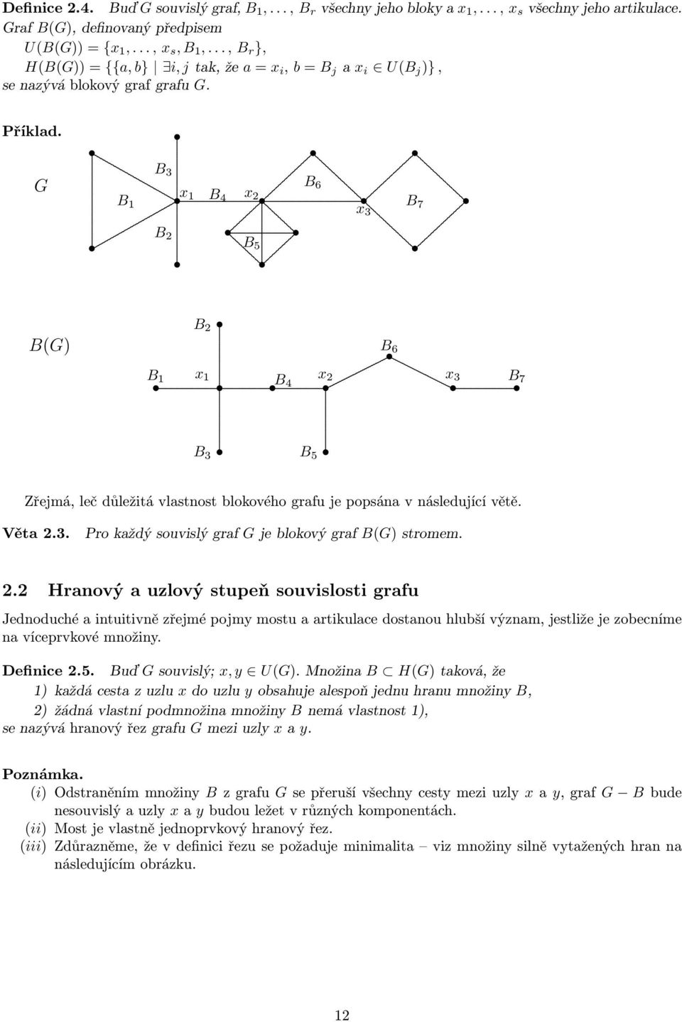 grafu je popsána v následující větě Věta 23 Pro každý souvislý graf G je blokový graf B(G) stromem 22 Hranový a uzlový stupeň souvislosti grafu Jednoduché a intuitivně zřejmé pojmy mostu a artikulace