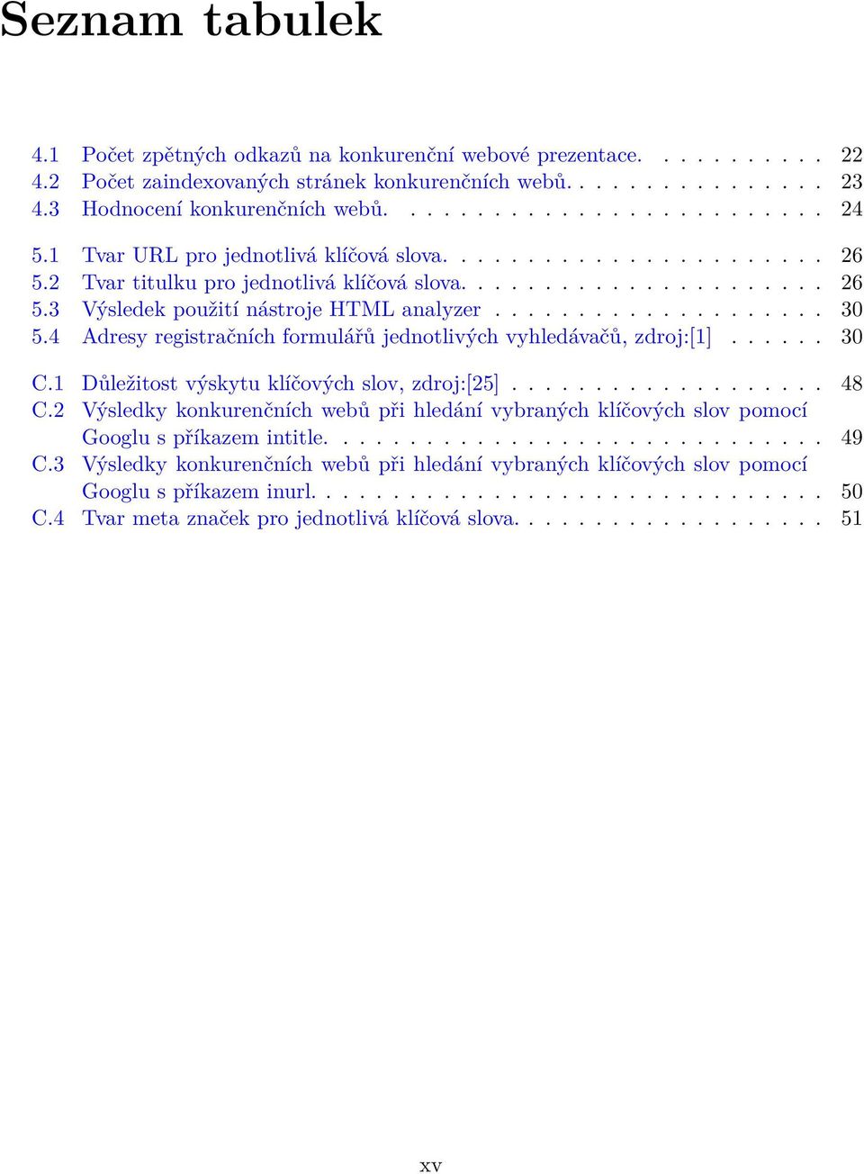 4 Adresy registračních formulářů jednotlivých vyhledávačů, zdroj:[1]...... 30 C.1 Důležitost výskytu klíčových slov, zdroj:[25]................... 48 C.