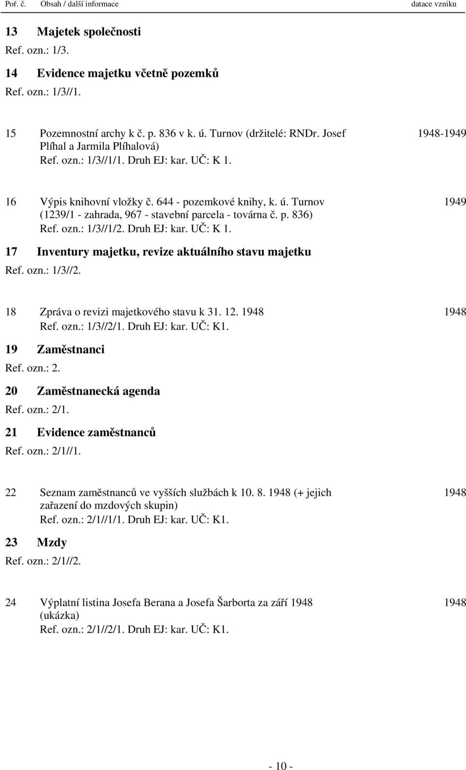 Turnov (1239/1 - zahrada, 967 - stavební parcela - továrna č. p. 836) Ref. ozn.: 1/3//1/2. Druh EJ: kar. UČ: K 1. 1949 17 Inventury majetku, revize aktuálního stavu majetku Ref. ozn.: 1/3//2.