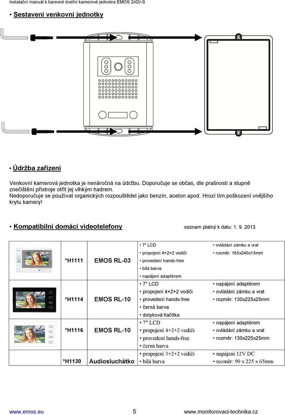 Hrozí tím poškození vnějšího krytu kamery! Kompatibilní domácí videotelefony *H1111 seznam platný k datu: 1. 9.