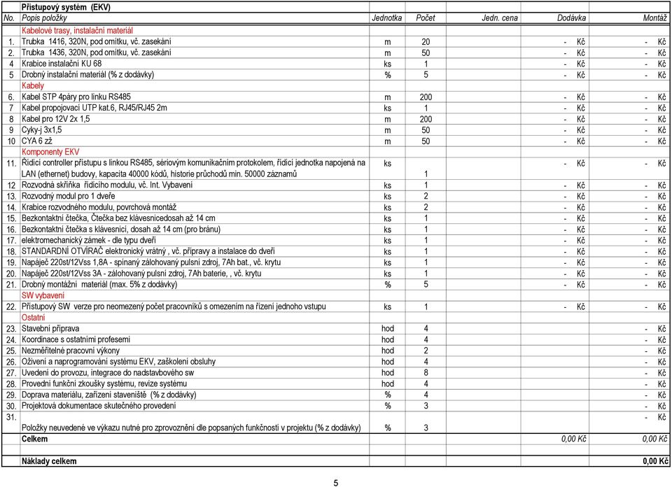 6, RJ45/RJ45 2m ks 1 8 Kabel pro 12V 2x 1,5 m 200 9 Cyky-j 3x1,5 m 50 10 CYA 6 zž m 50 Komponenty EKV 11.