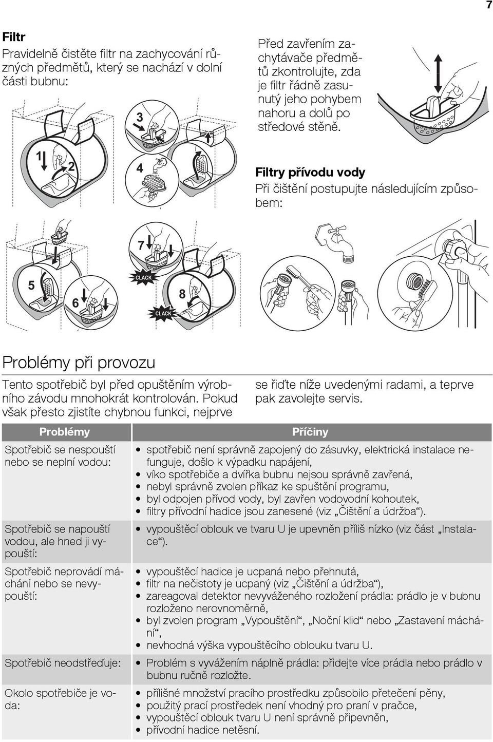 2 4 Filtry přívodu vody Při čištění postupujte následujícím způsobem: 7 5 6 CLACK CLACK 8 Problémy při provozu Tento spotřebič byl před opuštěním výrobního závodu mnohokrát kontrolován.