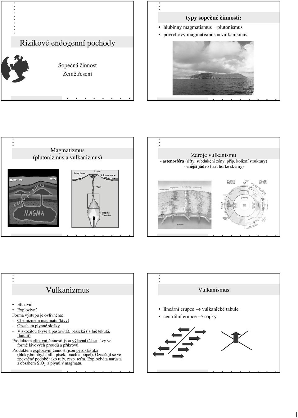 horké skvrny) Vulkanizmus Efuzivní Explozivní Forma výstupu je ovlivněna: - Chemizmem magmatu (lávy) - Obsahem plynné složky - Viskozitou (kyselá pastovitá), bazická ( silně tekutá, fluidní)