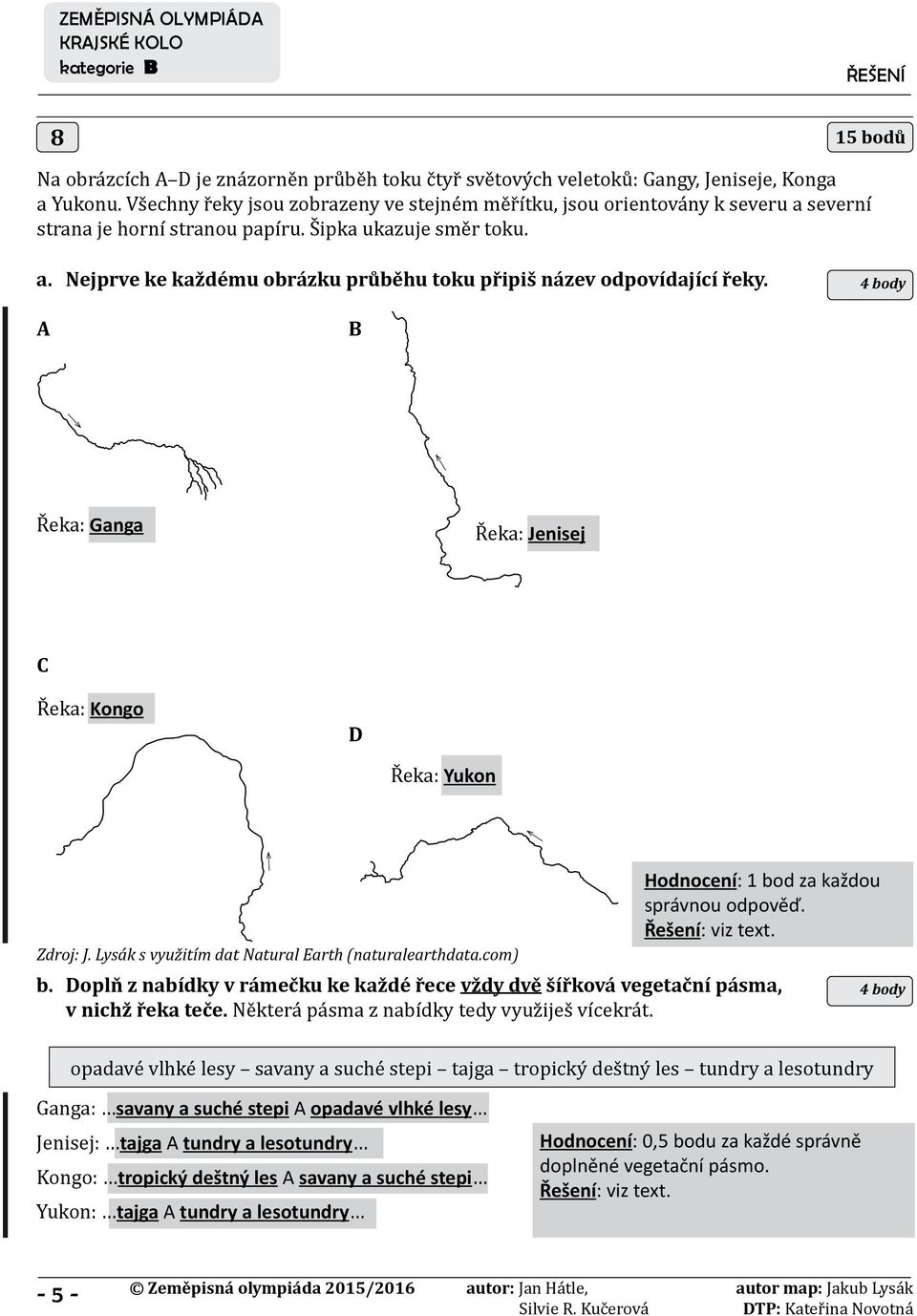 4 body A B Řeka: Ganga Řeka: Jenisej C Řeka: Kongo D Řeka: Yukon Hodnocení: 1 bod za každou správnou odpověď. Zdroj: J. Lysák s využitím dat Natural Earth (naturalearthdata.com) b.