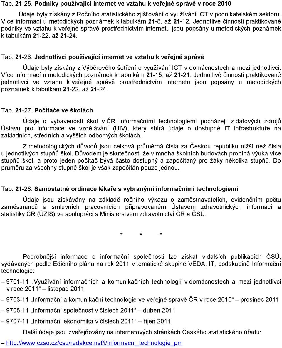 Jednotlivé činnosti praktikované podniky ve vztahu k veřejné správě prostřednictvím internetu jsou popsány u metodických poznámek k tabulkám 21-22. až 21-24. Tab. 21-26.