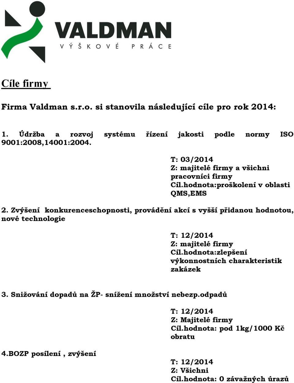 Zvýšení konkurenceschopnosti, provádění akcí s vyšší přidanou hodnotou, nové technologie T: 12/2014 3.