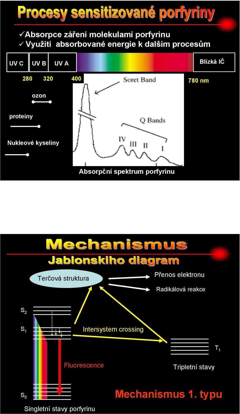 spektrum porfyrinu Terčová struktura Přenos elektronu Radikálová reakce S 2 S 1