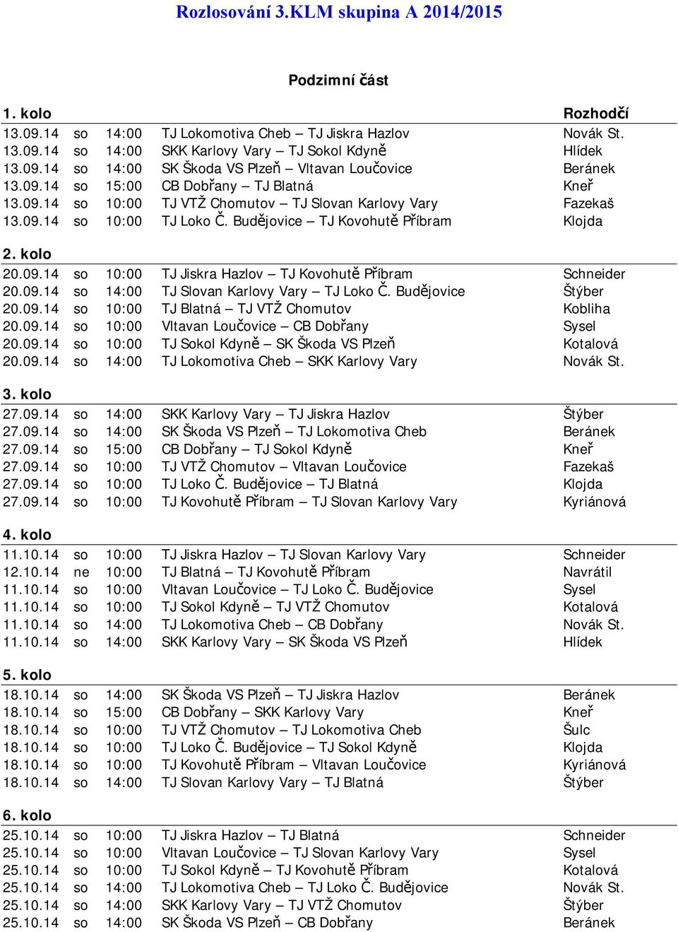 09.14 so 14:00 TJ Slovan Karlovy Vary TJ Loko Č. Budějovice Štýber 20.09.14 so 10:00 TJ Blatná TJ VTŽ Chomutov Kobliha 20.09.14 so 10:00 Vltavan Loučovice CB Dobřany Sysel 20.09.14 so 10:00 TJ Sokol Kdyně SK Škoda VS Plzeň Kotalová 20.