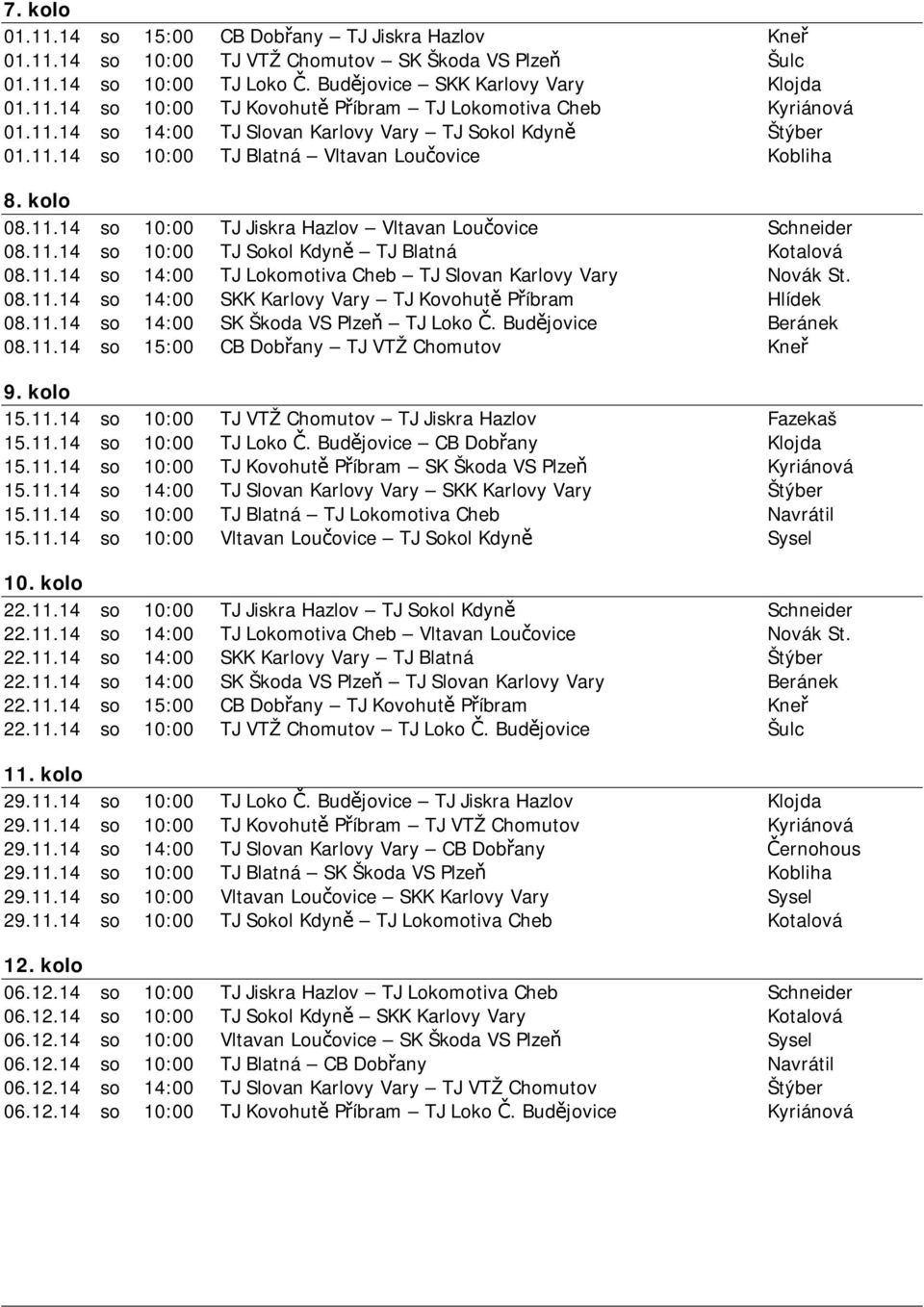 11.14 so 14:00 TJ Lokomotiva Cheb TJ Slovan Karlovy Vary Novák St. 08.11.14 so 14:00 SKK Karlovy Vary TJ Kovohutě Příbram Hlídek 08.11.14 so 14:00 SK Škoda VS Plzeň TJ Loko Č. Budějovice Beránek 08.