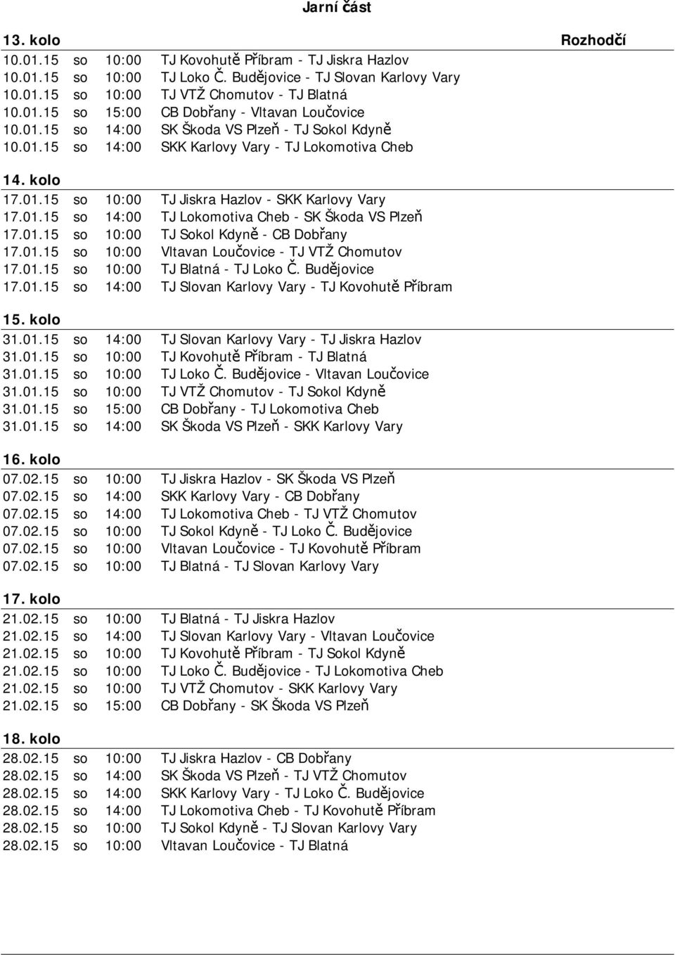 01.15 so 14:00 TJ Lokomotiva Cheb - SK Škoda VS Plzeň 17.01.15 so 10:00 TJ Sokol Kdyně - CB Dobřany 17.01.15 so 10:00 Vltavan Loučovice - TJ VTŽ Chomutov 17.01.15 so 10:00 TJ Blatná - TJ Loko Č.