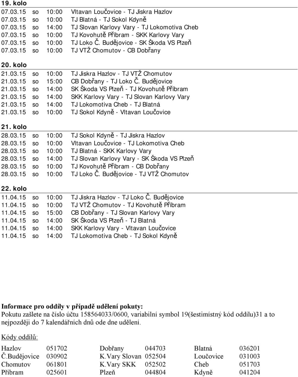 Budějovice 21.03.15 so 14:00 SK Škoda VS Plzeň - TJ Kovohutě Příbram 21.03.15 so 14:00 SKK Karlovy Vary - TJ Slovan Karlovy Vary 21.03.15 so 14:00 TJ Lokomotiva Cheb - TJ Blatná 21.03.15 so 10:00 TJ Sokol Kdyně - Vltavan Loučovice 21.