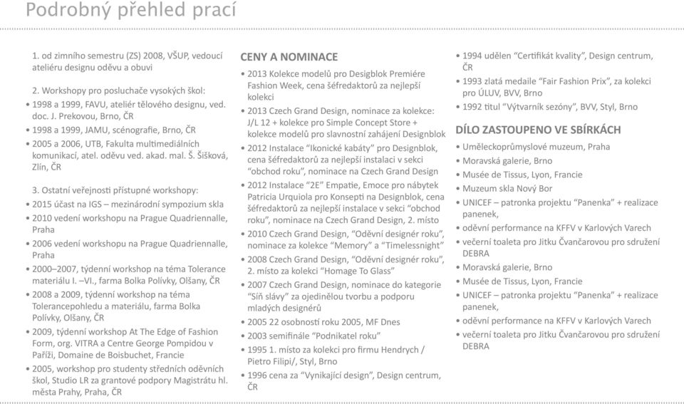 Ostatní veřejnosti přístupné workshopy: 2015 účast na IGS mezinárodní sympozium skla 2010 vedení workshopu na Prague Quadriennalle, 2006 vedení workshopu na Prague Quadriennalle, 2000 2007, týdenní