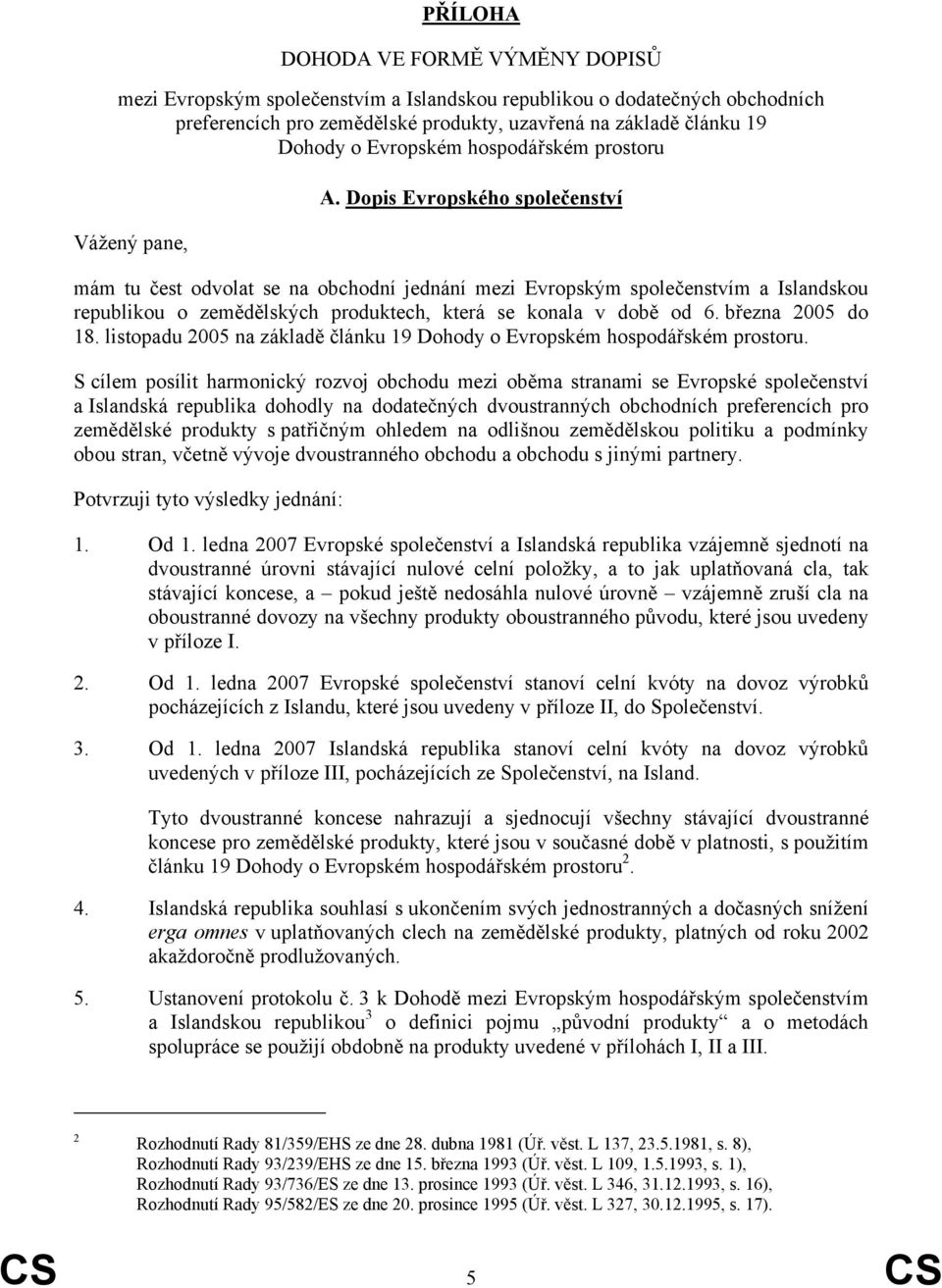 Dopis Evropského společenství mám tu čest odvolat se na obchodní jednání mezi Evropským společenstvím a Islandskou republikou o zemědělských produktech, která se konala v době od 6. března 2005 do 18.