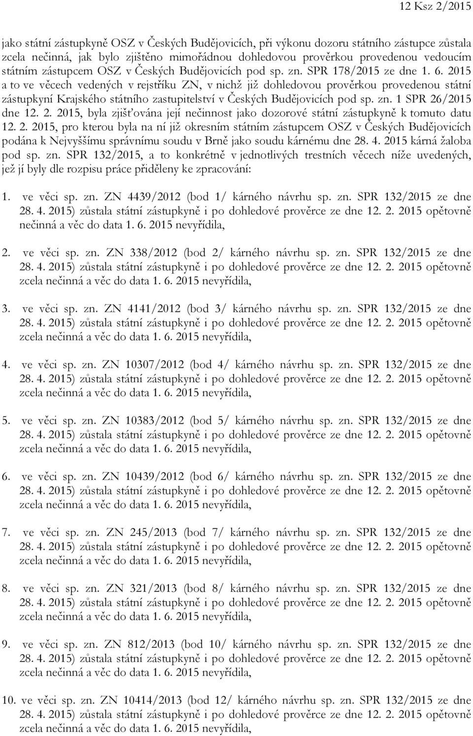 2015 a to ve věcech vedených v rejstříku ZN, v nichž již dohledovou prověrkou provedenou státní zástupkyní Krajského státního zastupitelství v Českých Budějovicích pod sp. zn. 1 SPR 26