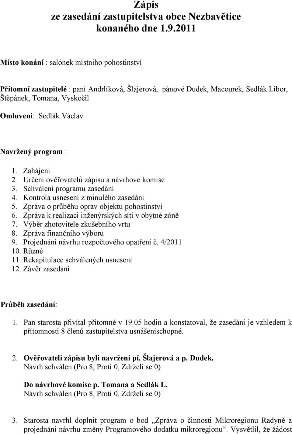 program : 1. Zahájení 2. Určení ověřovatelů zápisu a návrhové komise 3. Schválení programu zasedání 4. Kontrola usnesení z minulého zasedání 5. Zpráva o průběhu oprav objektu pohostinství 6.