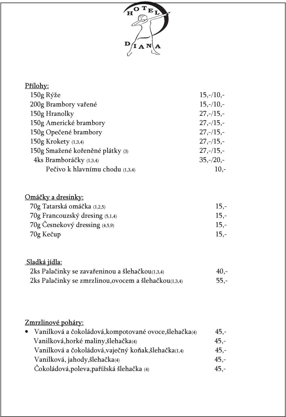 Česnekový dressing (4,5,9) 15,- 70g Kečup 15,- Sladká jídla: 2ks Palačinky se zavařeninou a šlehačkou(1,3,4) 40,- 2ks Palačinky se zmrzlinou,ovocem a šlehačkou(1,3,4) 55,- Zmrzlinové poháry: