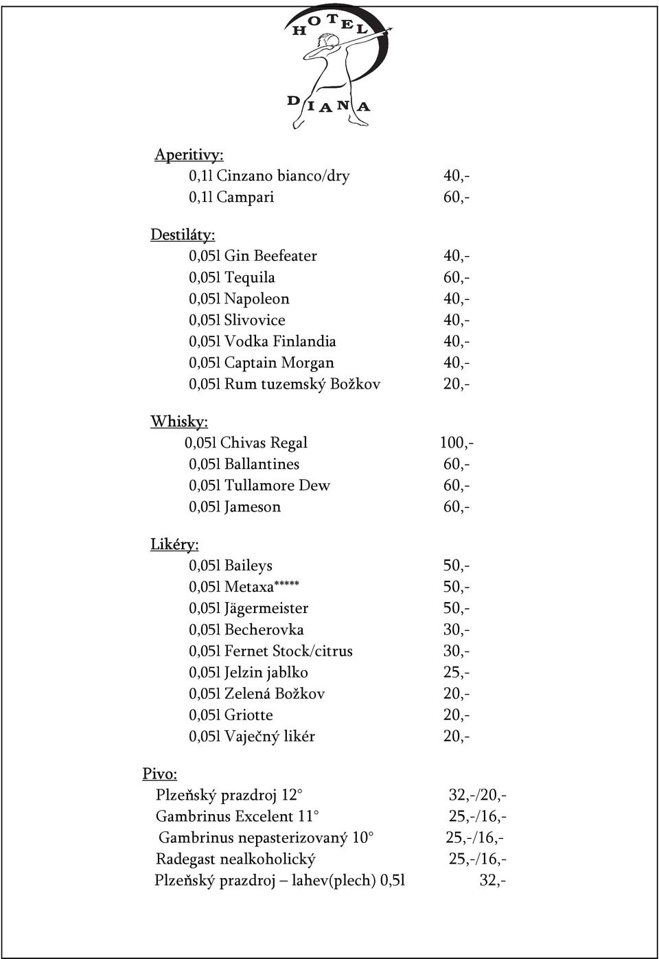 0,05l Metaxa***** 50,- 0,05l Jägermeister 50,- 0,05l Becherovka 30,- 0,05l Fernet Stock/citrus 30,- 0,05l Jelzin jablko 25,- 0,05l Zelená Božkov 20,- 0,05l Griotte 20,- 0,05l Vaječný
